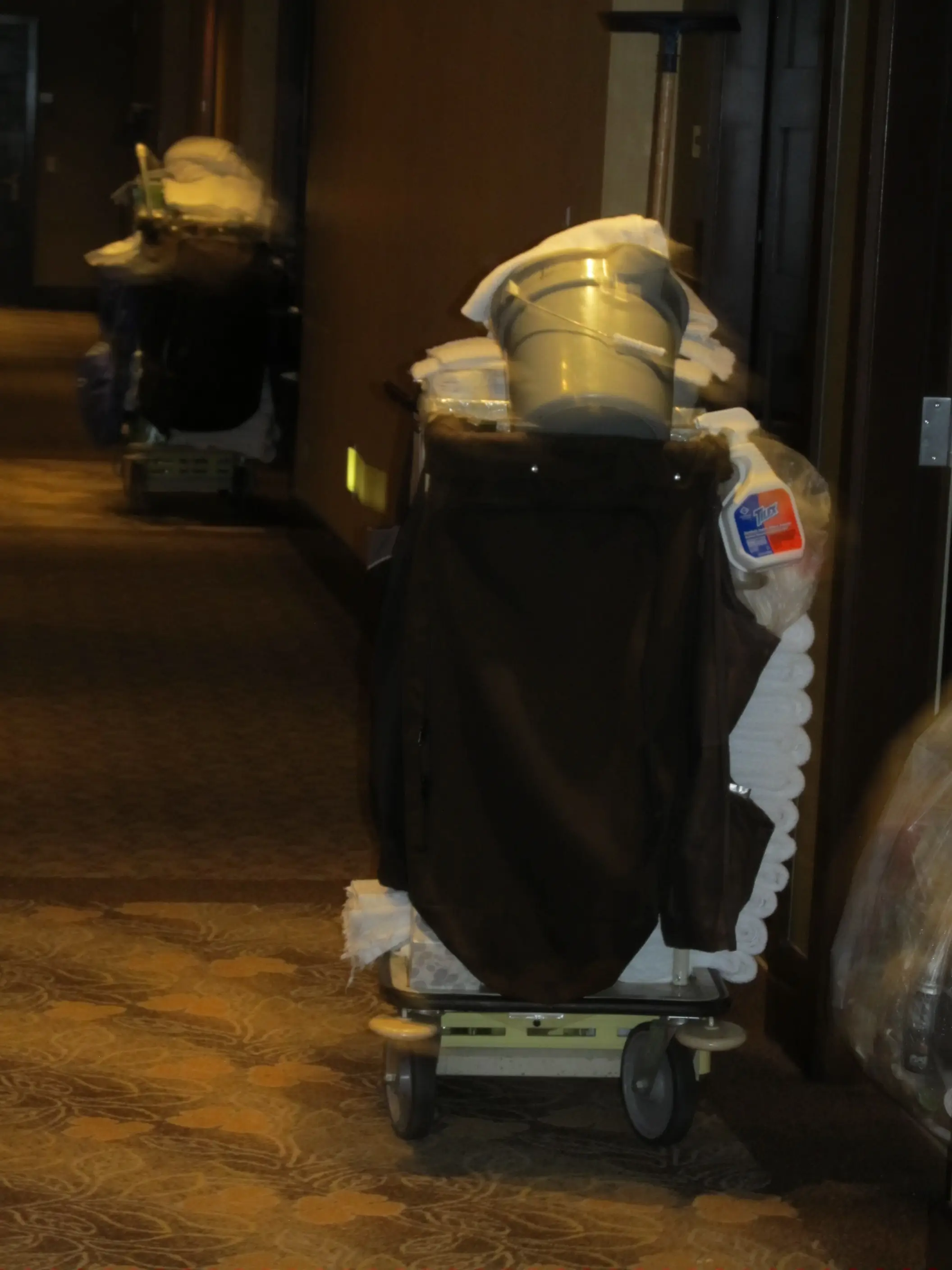 Personal de hotel con uniformes blancos en un pasillo alfombrado